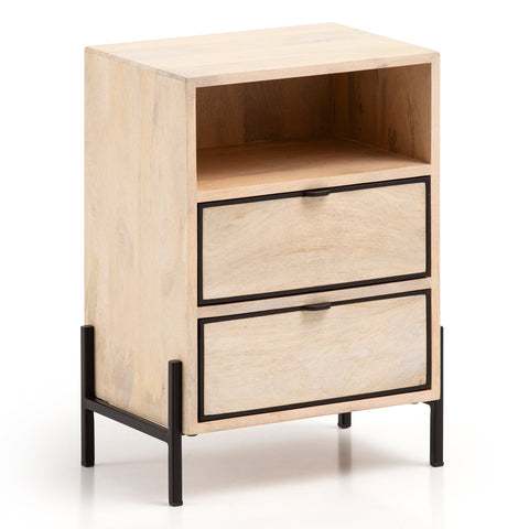 Rootz Modern Bedside Table - Nightstand - End Table - Metal and Wood - 43cm x 60cm x 30cm - Handcrafted - Unique Design - Drawer and Compartment - Light Brown and Black - 5kg Capacity - Mango Wood - Easy Assembly