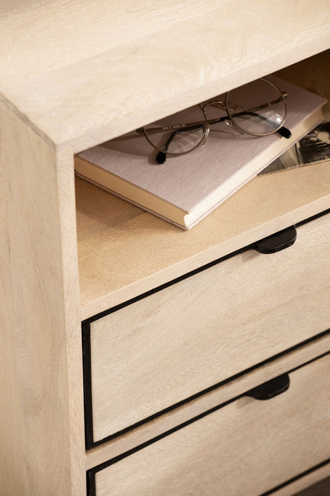 Rootz Modern Bedside Table - Nightstand - End Table - Metal and Wood - 43cm x 60cm x 30cm - Handcrafted - Unique Design - Drawer and Compartment - Light Brown and Black - 5kg Capacity - Mango Wood - Easy Assembly