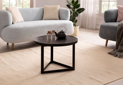 Rootz Industrial Design Coffee Table - Round Table - Triangular Frame - Handmade - Mango Wood - Unique - 58cm x 58cm x 40cm