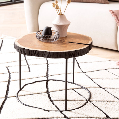 Rootz Modern Coffee Table - Wood Slice Table - Solid Wood and Metal - Handmade - Unique Design - 45cm x 45cm x 40cm - Brown - Black Frame - Acacia Wood - Powder-coated Iron - 25kg Capacity