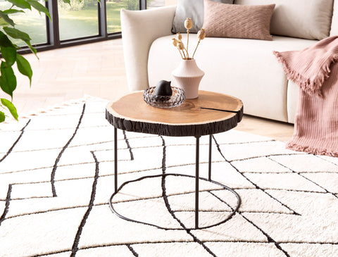 Rootz Modern Coffee Table - Wood Slice Table - Solid Wood and Metal - Handmade - Unique Design - 45cm x 45cm x 40cm - Brown - Black Frame - Acacia Wood - Powder-coated Iron - 25kg Capacity