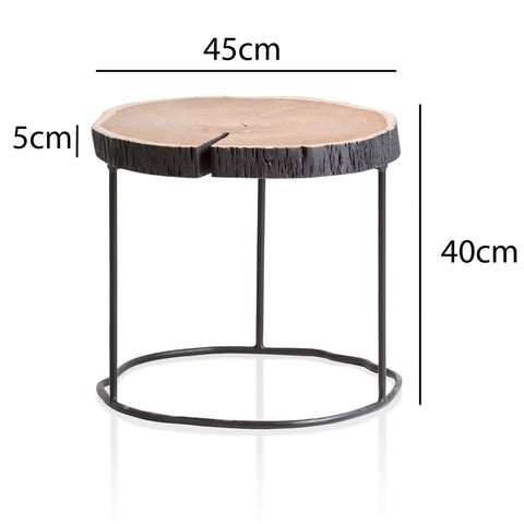 Rootz Modern Coffee Table - Wood Slice Table - Solid Wood and Metal - Handmade - Unique Design - 45cm x 45cm x 40cm - Brown - Black Frame - Acacia Wood - Powder-coated Iron - 25kg Capacity