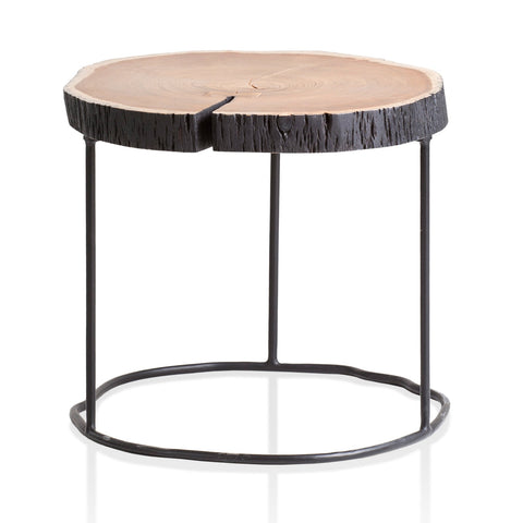 Rootz Modern Coffee Table - Wood Slice Table - Solid Wood and Metal - Handmade - Unique Design - 45cm x 45cm x 40cm - Brown - Black Frame - Acacia Wood - Powder-coated Iron - 25kg Capacity