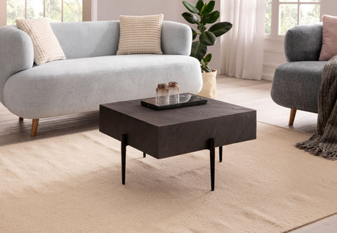 Rootz Modern Design Square Coffee Table - Anthracite 3D Surface - Handmade - Unique - Mango Solid Wood - MDF - Height Adjustable Nubs - 64cm x 64cm x 35cm