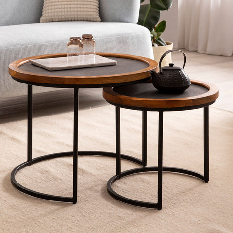 Rootz 2 Piece Set Modern Design Coffee Tables - Round Tables - Handcrafted Tables - Natural Wood Grain - Stone Look - 60cm x 60cm x 46cm & 44cm x 44cm x 40cm