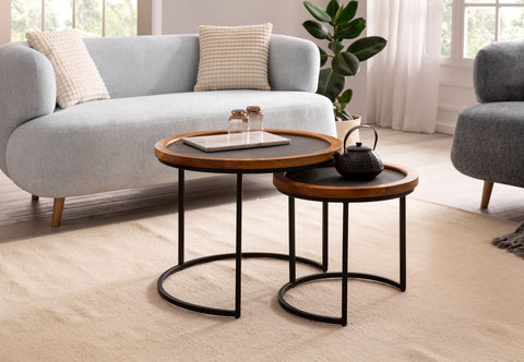 Rootz 2 Piece Set Modern Design Coffee Tables - Round Tables - Handcrafted Tables - Natural Wood Grain - Stone Look - 60cm x 60cm x 46cm & 44cm x 44cm x 40cm