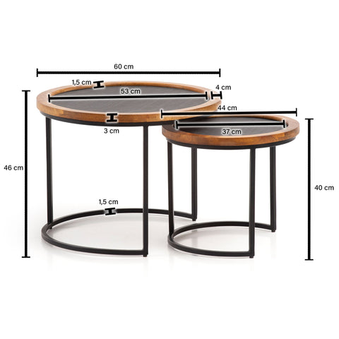 Rootz 2 Piece Set Modern Design Coffee Tables - Round Tables - Handcrafted Tables - Natural Wood Grain - Stone Look - 60cm x 60cm x 46cm & 44cm x 44cm x 40cm