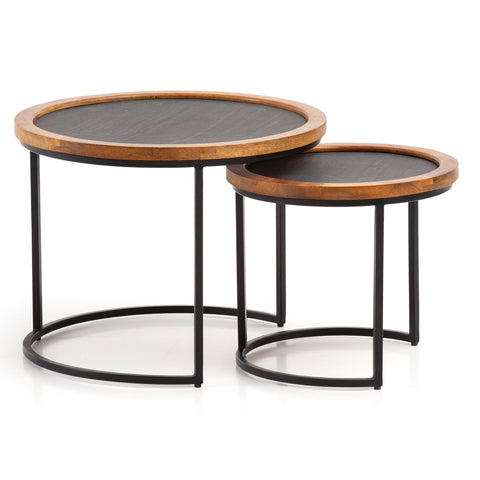 Rootz 2 Piece Set Modern Design Coffee Tables - Round Tables - Handcrafted Tables - Natural Wood Grain - Stone Look - 60cm x 60cm x 46cm & 44cm x 44cm x 40cm