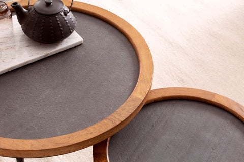 Rootz 2 Piece Set Modern Design Coffee Tables - Round Tables - Handcrafted Tables - Natural Wood Grain - Stone Look - 60cm x 60cm x 46cm & 44cm x 44cm x 40cm