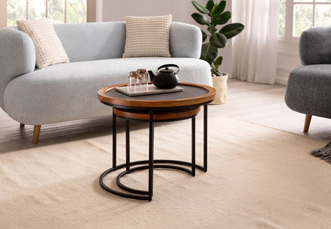 Rootz 2 Piece Set Modern Design Coffee Tables - Round Tables - Handcrafted Tables - Natural Wood Grain - Stone Look - 60cm x 60cm x 46cm & 44cm x 44cm x 40cm