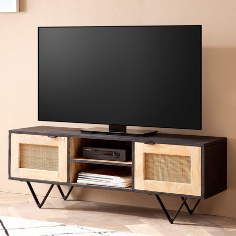 Rootz Modern Design TV-meubel - Lowboard - Mediaconsole - Bruin en Zwart - V-vormige poten - Canework Deurfronten - 120cm x 44cm x 35cm - Mangohout - Kabelgeleiding - Handgemaakt - Uniek - Antislipknoppen - 50kg laadvermogen