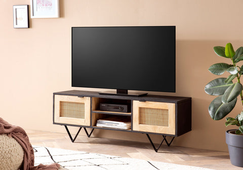 Rootz Modern Design TV-meubel - Lowboard - Mediaconsole - Bruin en Zwart - V-vormige poten - Canework Deurfronten - 120cm x 44cm x 35cm - Mangohout - Kabelgeleiding - Handgemaakt - Uniek - Antislipknoppen - 50kg laadvermogen