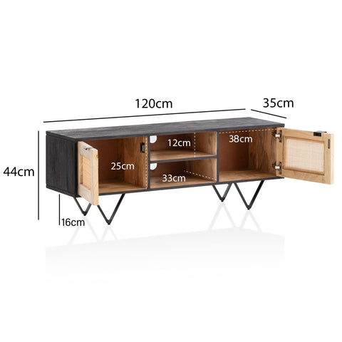 Rootz Modern Design TV-meubel - Lowboard - Mediaconsole - Bruin en Zwart - V-vormige poten - Canework Deurfronten - 120cm x 44cm x 35cm - Mangohout - Kabelgeleiding - Handgemaakt - Uniek - Antislipknoppen - 50kg laadvermogen