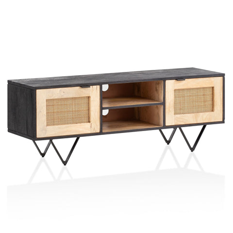 Rootz Modern Design TV-meubel - Lowboard - Mediaconsole - Bruin en Zwart - V-vormige poten - Canework Deurfronten - 120cm x 44cm x 35cm - Mangohout - Kabelgeleiding - Handgemaakt - Uniek - Antislipknoppen - 50kg laadvermogen
