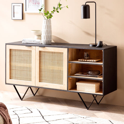 Rootz Solid Wood Rattan Sideboard - Chest of Drawers - Storage Cabinet - Handcrafted - Spacious Storage - Modern Design - 145cm x 75cm x 40cm