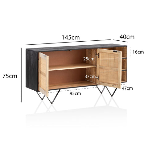 Rootz Solid Wood Rattan Sideboard - Chest of Drawers - Storage Cabinet - Handcrafted - Spacious Storage - Modern Design - 145cm x 75cm x 40cm