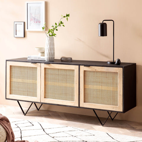 Rootz Solid Wood Rattan Sideboard - Chest of Drawers - Storage Cabinet - Handcrafted - Spacious Storage - Modern Design - 175cm x 75cm x 45cm