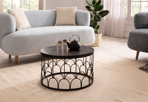 Rootz Handmade Coffee Table - Industrial Design - Round Table - Natural Wood Grain - Handcrafted - 60cm x 60cm x 36cm - Mango Solid Wood - Powder-Coated Iron - Black - Unique Piece - Floor Protectors - 15kg Load Capacity