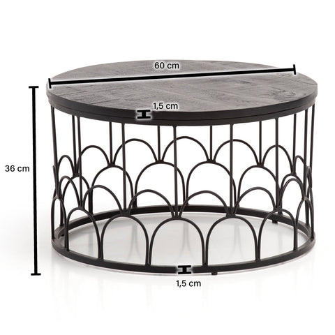 Rootz Handmade Coffee Table - Industrial Design - Round Table - Natural Wood Grain - Handcrafted - 60cm x 60cm x 36cm - Mango Solid Wood - Powder-Coated Iron - Black - Unique Piece - Floor Protectors - 15kg Load Capacity