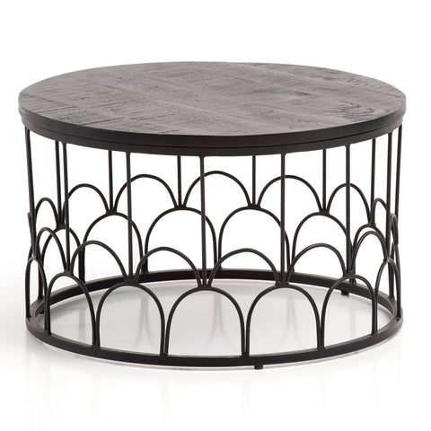 Rootz Handmade Coffee Table - Industrial Design - Round Table - Natural Wood Grain - Handcrafted - 60cm x 60cm x 36cm - Mango Solid Wood - Powder-Coated Iron - Black - Unique Piece - Floor Protectors - 15kg Load Capacity