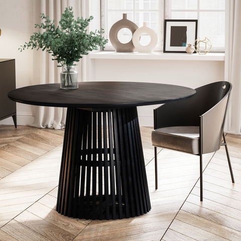 Rootz Dining Room Table - Modern Round Kitchen Table - Solid Wood, Handcrafted - Unique Design, Durable, Easy Assembly - 120cm x 120cm x 77cm - Black