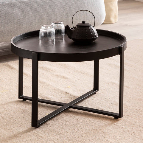 Rootz Round Coffee Table - Industrial Design - Handmade - Unique - Natural Wood Grain - 60cm x 60cm x 35cm - Black - Mango Solid Wood - Powder-Coated Iron - Handcrafted - Height-Adjustable Knobs - 15kg Load Capacity