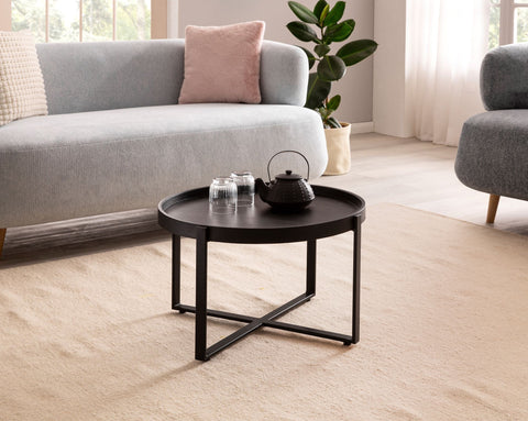 Rootz Round Coffee Table - Industrial Design - Handmade - Unique - Natural Wood Grain - 60cm x 60cm x 35cm - Black - Mango Solid Wood - Powder-Coated Iron - Handcrafted - Height-Adjustable Knobs - 15kg Load Capacity