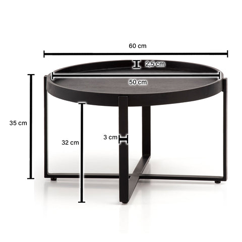 Rootz Round Coffee Table - Industrial Design - Handmade - Unique - Natural Wood Grain - 60cm x 60cm x 35cm - Black - Mango Solid Wood - Powder-Coated Iron - Handcrafted - Height-Adjustable Knobs - 15kg Load Capacity