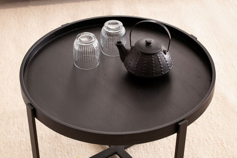 Rootz Round Coffee Table - Industrial Design - Handmade - Unique - Natural Wood Grain - 60cm x 60cm x 35cm - Black - Mango Solid Wood - Powder-Coated Iron - Handcrafted - Height-Adjustable Knobs - 15kg Load Capacity