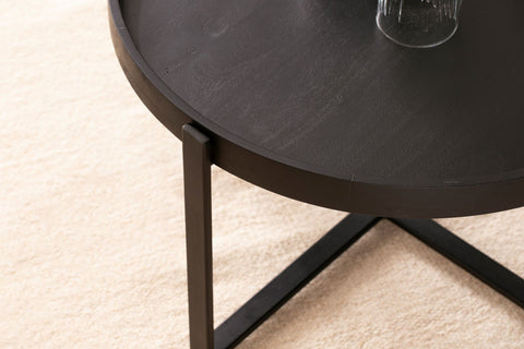 Rootz Round Coffee Table - Industrial Design - Handmade - Unique - Natural Wood Grain - 60cm x 60cm x 35cm - Black - Mango Solid Wood - Powder-Coated Iron - Handcrafted - Height-Adjustable Knobs - 15kg Load Capacity