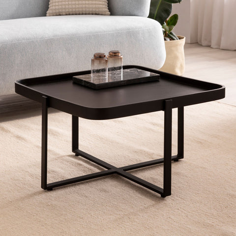 Rootz Industrial Design Coffee Table - Square Table - Handmade - Mango Wood - Black - Protective Varnish - Height Adjustable - 5cm Metal Thickness - 60cm x 60cm x 45cm