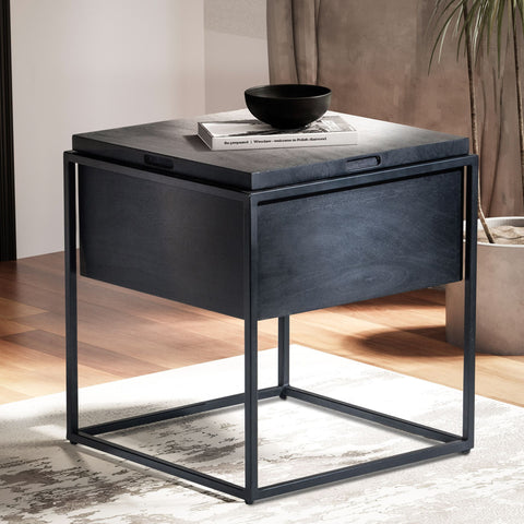 Rootz Handgemaakte Bijzettafel - Vierkante Tafel - Zwart - Massief Hout - Metaal - Uniek Design - Verborgen Opbergvak - Handgemaakt - 47cm x 47cm x 51cm