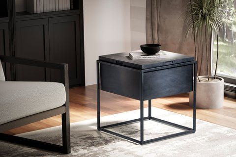 Rootz Handgemaakte Bijzettafel - Vierkante Tafel - Zwart - Massief Hout - Metaal - Uniek Design - Verborgen Opbergvak - Handgemaakt - 47cm x 47cm x 51cm