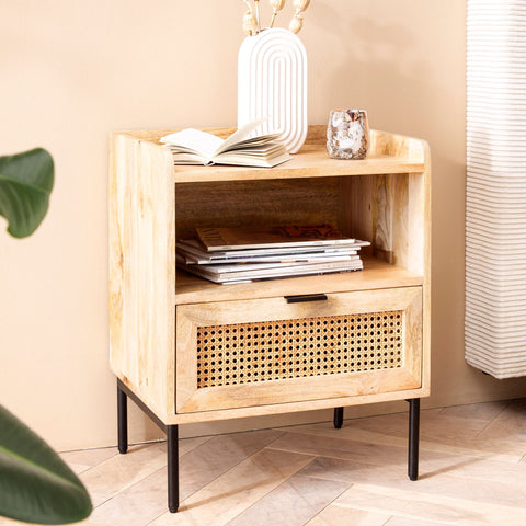 Rootz Modern Bedside Table - Nightstand - Drawer Cabinet - Viennese Weave - Natural Wood Grain - Handmade - 50cm x 60cm x 40cm