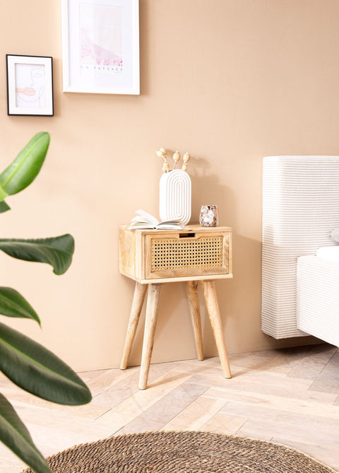 Rootz Modern Bedside Table - Nightstand - Drawer Nightstand - Viennese Braid - Natural Wood Grain - Handmade - Unique - Removable Drawer - Anti-Slip Pads - Box Spring Bed - 40cm x 60cm x 30cm
