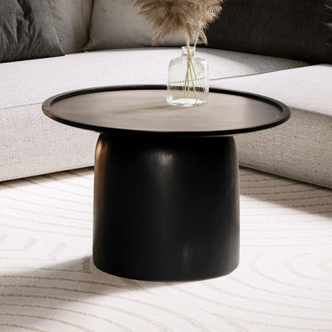 Rootz Modern Design Coffee Table - Round Table - Drum Frame - Handmade - Mango Wood - Black - Unique - Protective Varnish - Raised Edge - 60cm x 60cm x 40cm