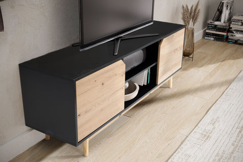 Rootz Lowboard TV Cabinet - TV Dresser - Entertainment Unit - Modern Black Oak Design - Spacious Storage - Cable Management - Floor Protection - 150cm x 40cm x 55cm