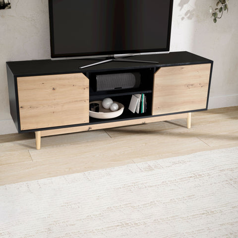 Rootz Lowboard TV Cabinet - TV Dresser - Entertainment Unit - Modern Black Oak Design - Spacious Storage - Cable Management - Floor Protection - 150cm x 40cm x 55cm