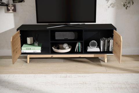 Rootz Lowboard TV Cabinet - TV Dresser - Entertainment Unit - Modern Black Oak Design - Spacious Storage - Cable Management - Floor Protection - 150cm x 40cm x 55cm