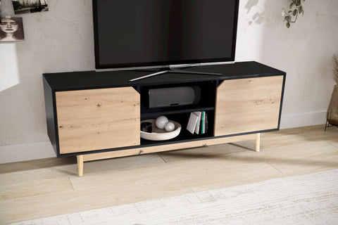 Rootz Lowboard TV Cabinet - TV Dresser - Entertainment Unit - Modern Black Oak Design - Spacious Storage - Cable Management - Floor Protection - 150cm x 40cm x 55cm