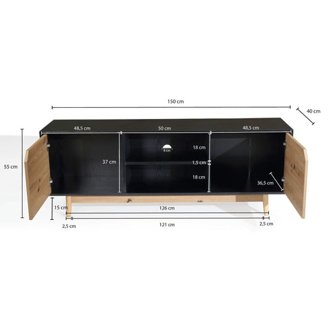 Rootz Lowboard TV Cabinet - TV Dresser - Entertainment Unit - Modern Black Oak Design - Spacious Storage - Cable Management - Floor Protection - 150cm x 40cm x 55cm