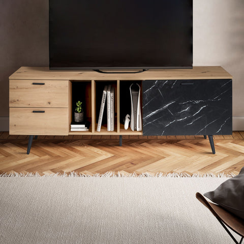 Rootz Lowboard 150cm TV Cabinet - TV Stand - Marble Black Design - Modern Style - Spacious Storage - Durable Build - 150cm x 55cm x 40cm