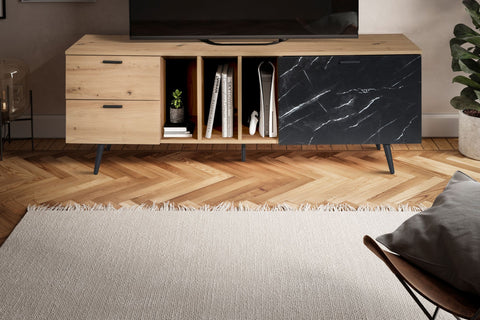 Rootz Lowboard 150cm TV Cabinet - TV Stand - Marble Black Design - Modern Style - Spacious Storage - Durable Build - 150cm x 55cm x 40cm