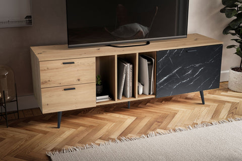 Rootz Lowboard 150cm TV Cabinet - TV Stand - Marble Black Design - Modern Style - Spacious Storage - Durable Build - 150cm x 55cm x 40cm