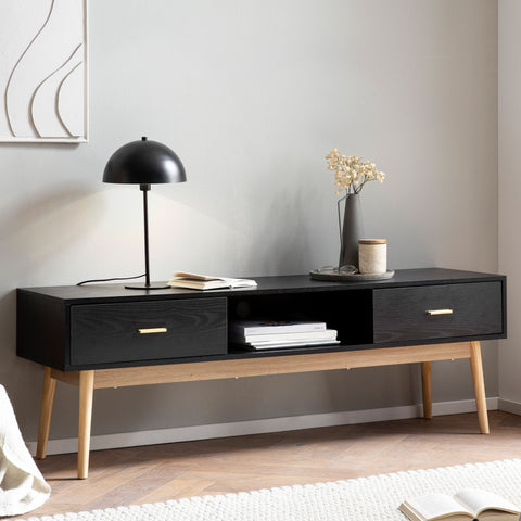 Rootz Lowboard TV Cabinet - 150cm TV Stand - Black and Oak TV Console - Modern Design - Spacious Storage - Durable Build - 150cm x 50cm x 40cm