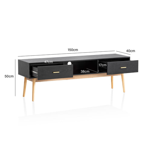 Rootz Lowboard TV Cabinet - 150cm TV Stand - Black and Oak TV Console - Modern Design - Spacious Storage - Durable Build - 150cm x 50cm x 40cm
