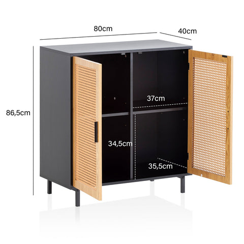 Rootz Sideboard 80cm - Chest of Drawers - Storage Cabinet - Viennese Weave Design - Adjustable Shelves - Magnetic Door Stoppers - Black and Brown - 80cm x 40cm x 86.5cm