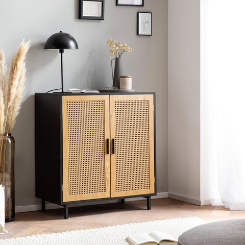 Rootz Sideboard 80cm - Chest of Drawers - Storage Cabinet - Viennese Weave Design - Adjustable Shelves - Magnetic Door Stoppers - Black and Brown - 80cm x 40cm x 86.5cm
