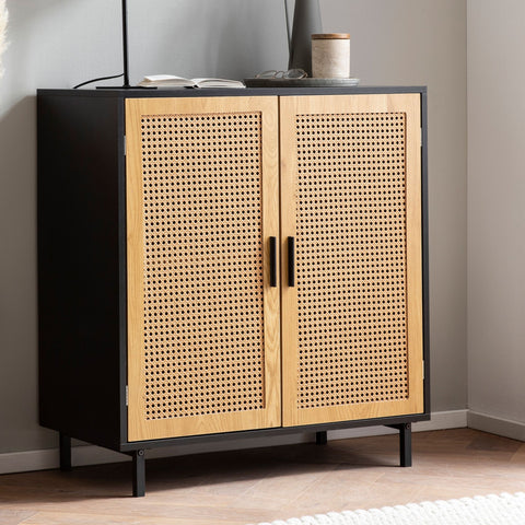 Rootz Sideboard 80cm - Chest of Drawers - Storage Cabinet - Viennese Weave Design - Adjustable Shelves - Magnetic Door Stoppers - Black and Brown - 80cm x 40cm x 86.5cm