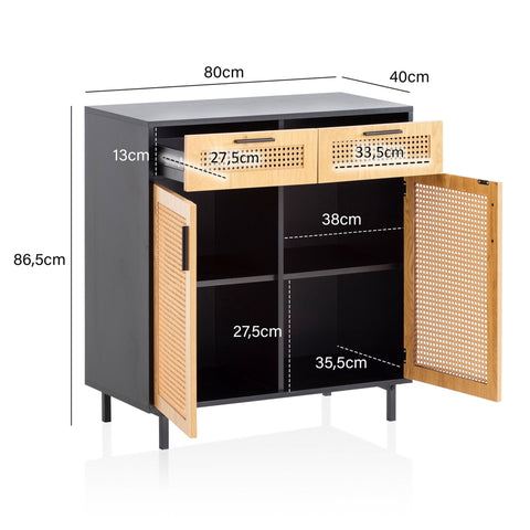Rootz Sideboard 80cm - Black Chest of Drawers - Viennese Weave Design - Stylish Storage Solution - Durable & Spacious - 80cm x 86.5cm x 40cm
